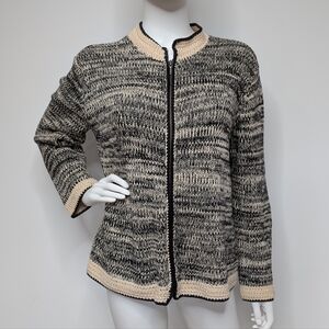 Cream & Black Zip Up Cardigan Sweater With Crochet Trim